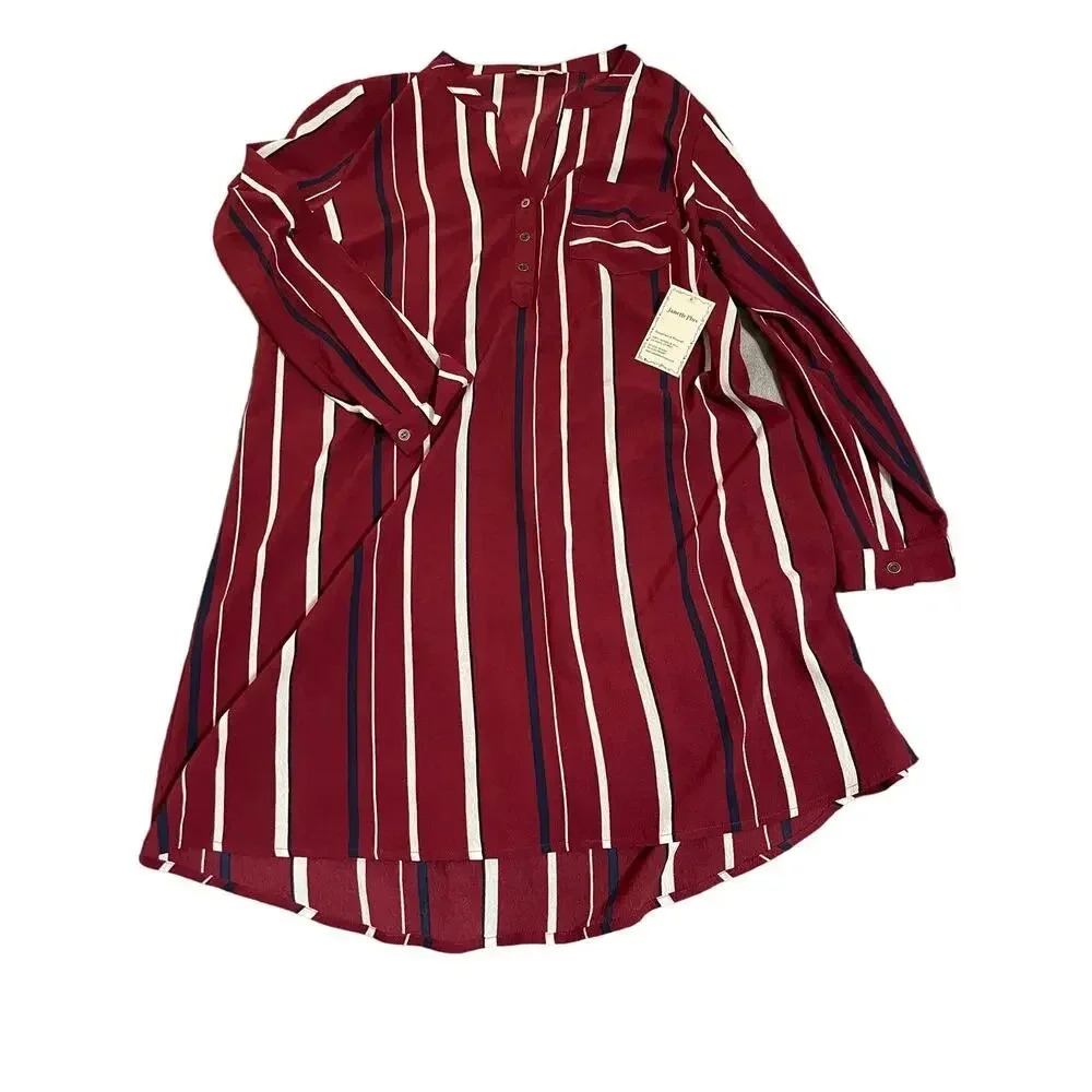 NWT Janette Plus Blouse Long Sleeve Striped Maroon White‎ Navy SZ XL